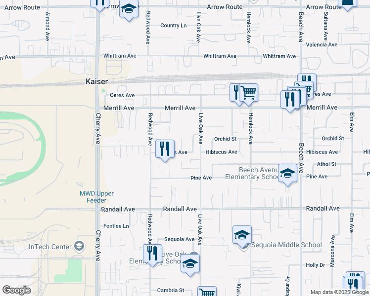 map of restaurants, bars, coffee shops, grocery stores, and more near 9065 Amaryllis Ct in Fontana