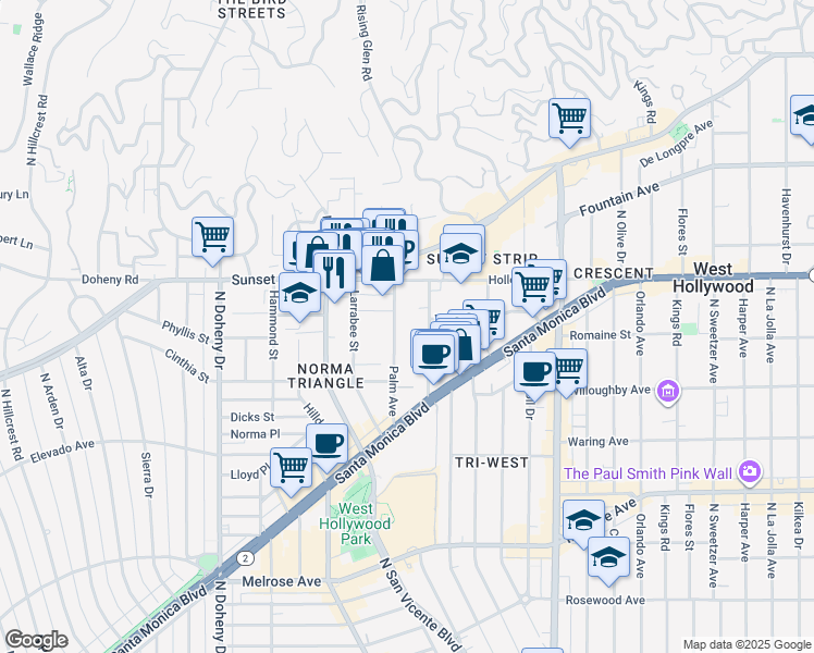map of restaurants, bars, coffee shops, grocery stores, and more near 970 Palm Avenue in West Hollywood