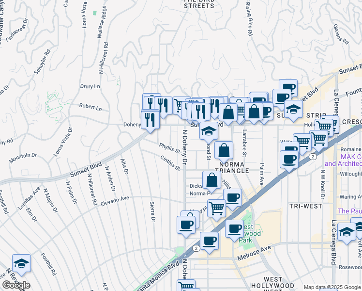 map of restaurants, bars, coffee shops, grocery stores, and more near 965 North Doheny Drive in West Hollywood