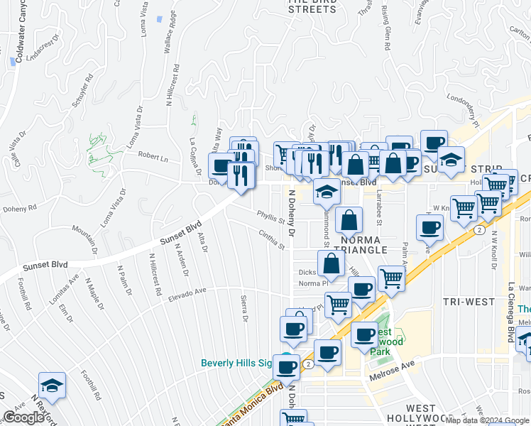 map of restaurants, bars, coffee shops, grocery stores, and more near 1007 Carol Drive in West Hollywood