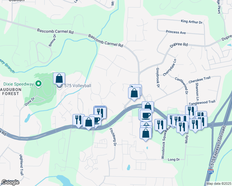 map of restaurants, bars, coffee shops, grocery stores, and more near 605 Dunbarton Court in Woodstock