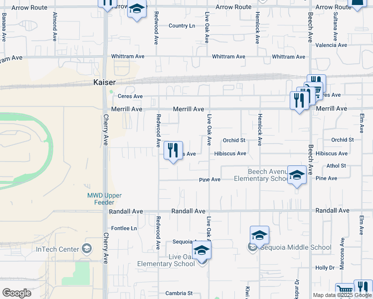 map of restaurants, bars, coffee shops, grocery stores, and more near 9065 Amaryllis Court in Fontana