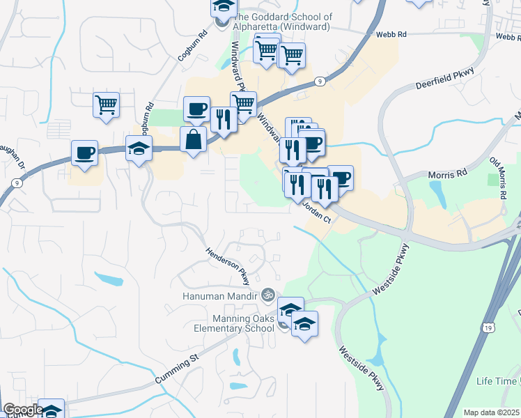 map of restaurants, bars, coffee shops, grocery stores, and more near 2821 Ashleigh Lane in Alpharetta