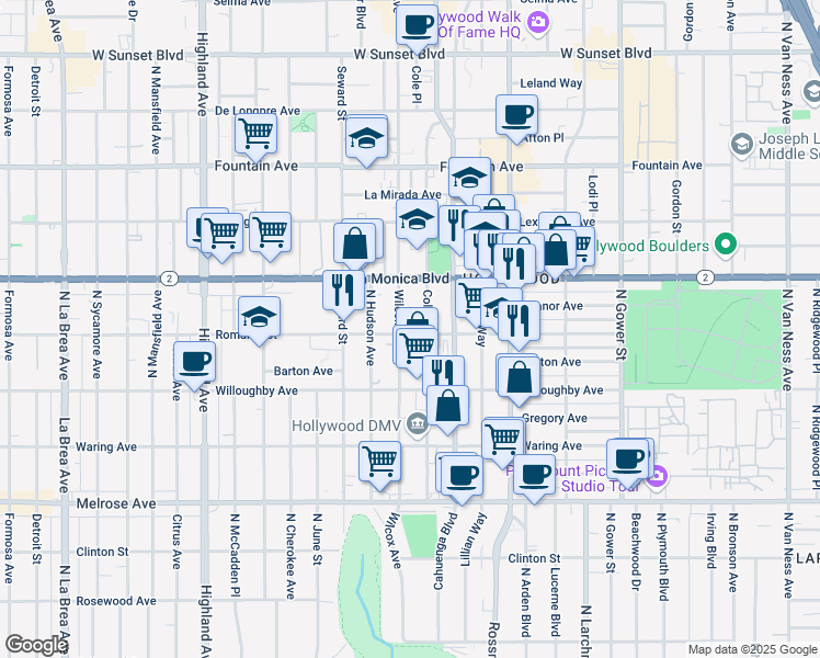 map of restaurants, bars, coffee shops, grocery stores, and more near 6415 Romaine Street in Los Angeles