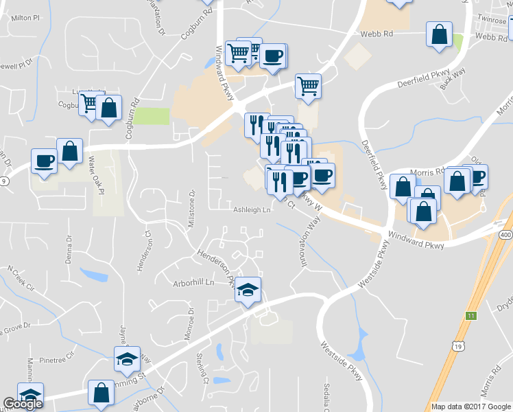 map of restaurants, bars, coffee shops, grocery stores, and more near 2839 Ashleigh Lane in Alpharetta