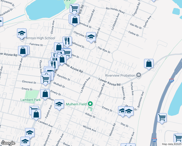 map of restaurants, bars, coffee shops, grocery stores, and more near 11849 Lower Azusa Road in El Monte