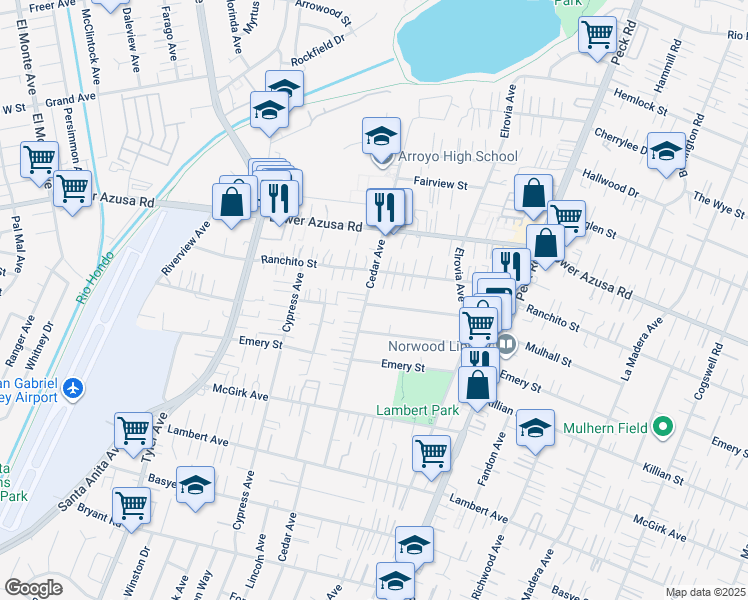 map of restaurants, bars, coffee shops, grocery stores, and more near 11307 Mulhall Street in El Monte