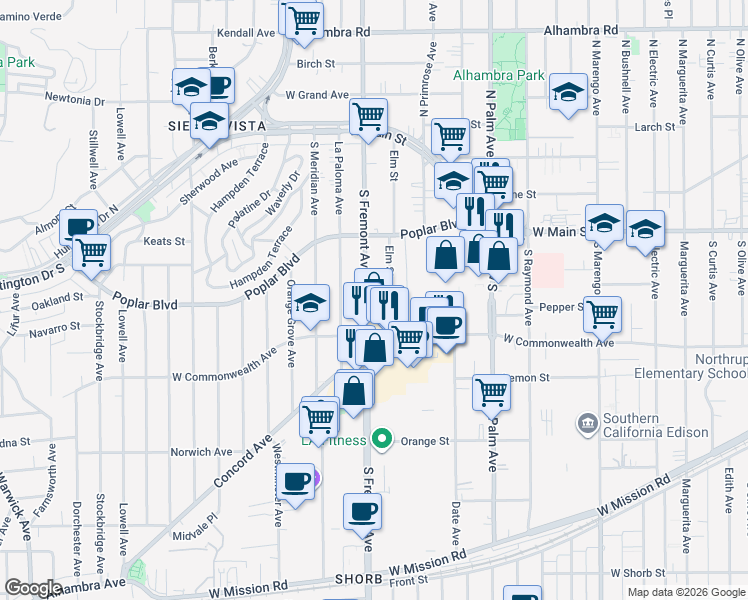 map of restaurants, bars, coffee shops, grocery stores, and more near 438 South Fremont Avenue in Alhambra