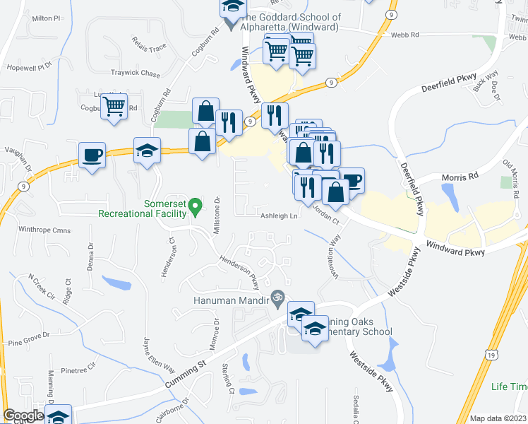 map of restaurants, bars, coffee shops, grocery stores, and more near 2819 Ashleigh Lane in Alpharetta