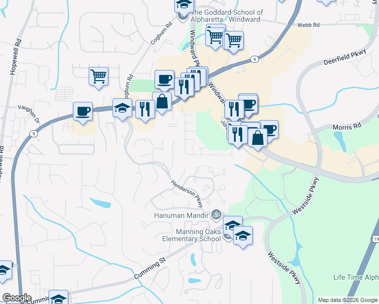 map of restaurants, bars, coffee shops, grocery stores, and more near 2733 Ashleigh Lane in Alpharetta