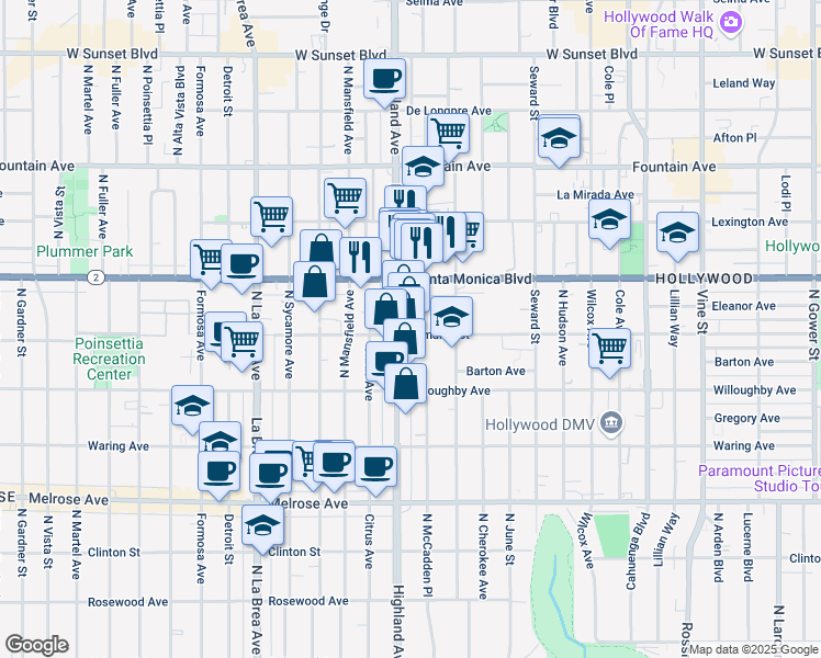 map of restaurants, bars, coffee shops, grocery stores, and more near 1000 North Highland Avenue in Los Angeles