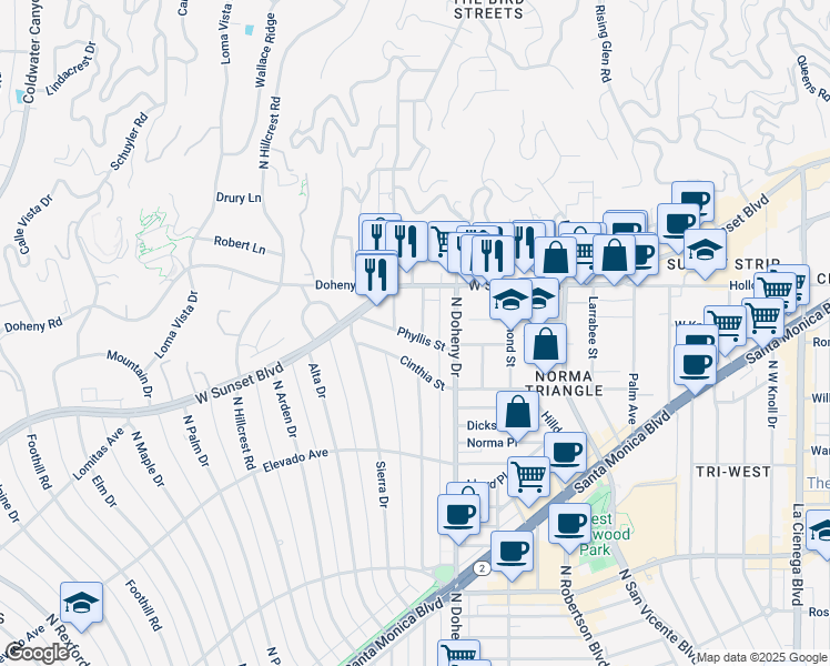 map of restaurants, bars, coffee shops, grocery stores, and more near 1007 Carol Drive in West Hollywood