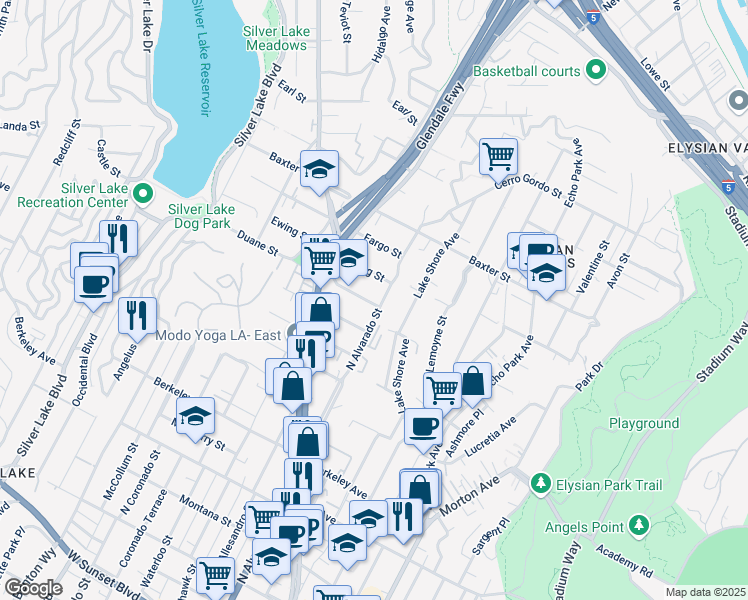map of restaurants, bars, coffee shops, grocery stores, and more near 2109 Duane Street in Los Angeles