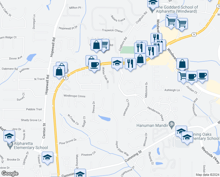 map of restaurants, bars, coffee shops, grocery stores, and more near 211 Water Oak Place in Alpharetta
