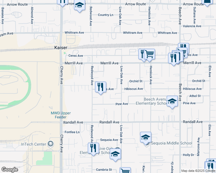map of restaurants, bars, coffee shops, grocery stores, and more near 9065 Amaryllis Court in Fontana