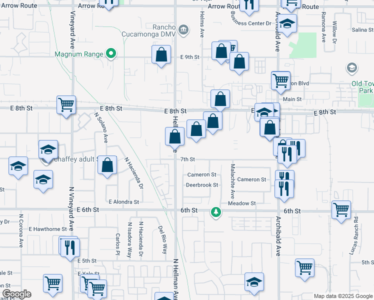 map of restaurants, bars, coffee shops, grocery stores, and more near 9330 7th Street in Rancho Cucamonga