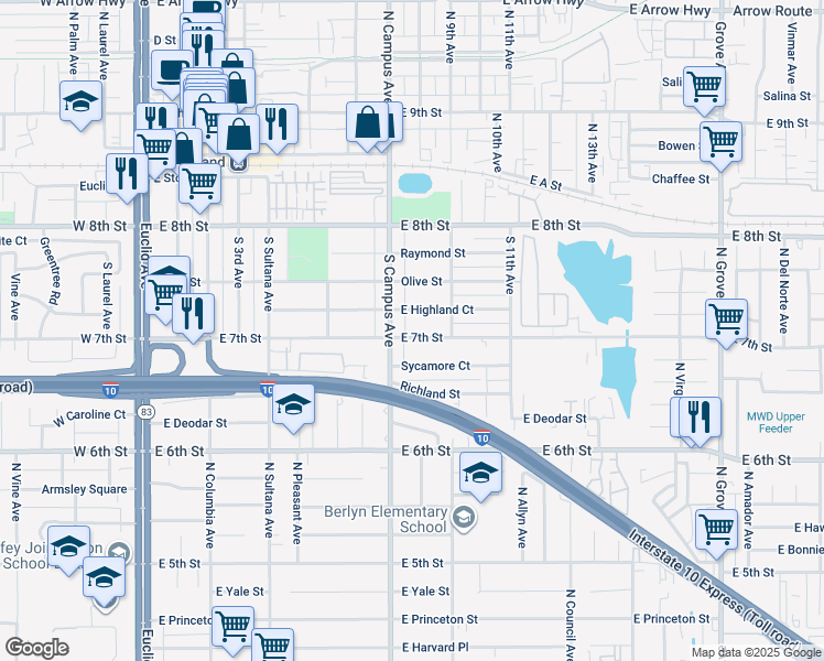 map of restaurants, bars, coffee shops, grocery stores, and more near 779 East 7th Street in Upland