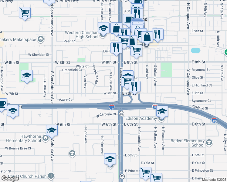 map of restaurants, bars, coffee shops, grocery stores, and more near 107 West 7th Street in Upland