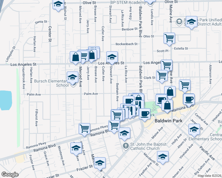 map of restaurants, bars, coffee shops, grocery stores, and more near 4212 Stewart Avenue in Baldwin Park