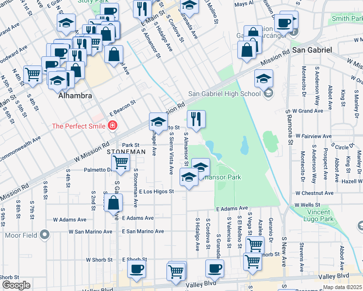 map of restaurants, bars, coffee shops, grocery stores, and more near 701 South Almansor Street in Alhambra