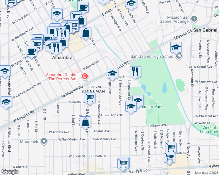 map of restaurants, bars, coffee shops, grocery stores, and more near 1124 East Park Street in Alhambra