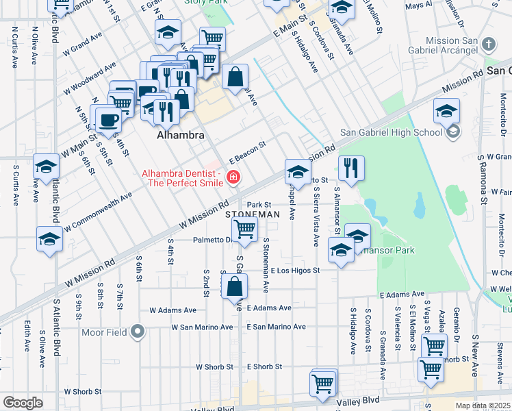 map of restaurants, bars, coffee shops, grocery stores, and more near in Alhambra