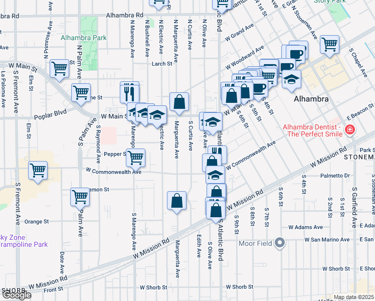 map of restaurants, bars, coffee shops, grocery stores, and more near 204 South Curtis Avenue in Alhambra