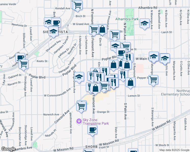 map of restaurants, bars, coffee shops, grocery stores, and more near 433 Fremont Avenue in Alhambra