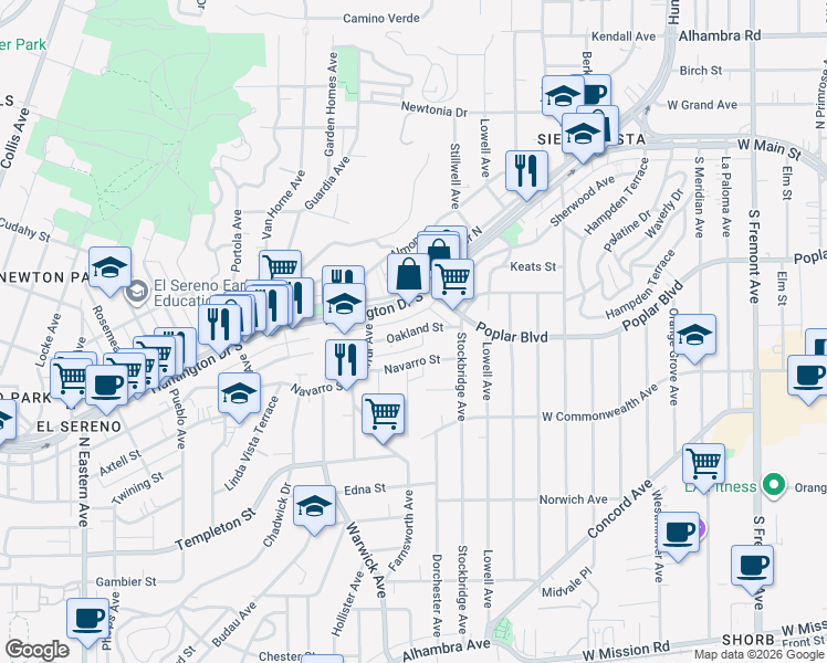 map of restaurants, bars, coffee shops, grocery stores, and more near 5343 Oakland Street in Los Angeles