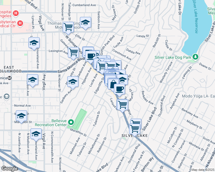 map of restaurants, bars, coffee shops, grocery stores, and more near 1409 Maltman Avenue in Los Angeles