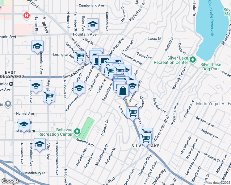 map of restaurants, bars, coffee shops, grocery stores, and more near 1409 Maltman Avenue in Los Angeles