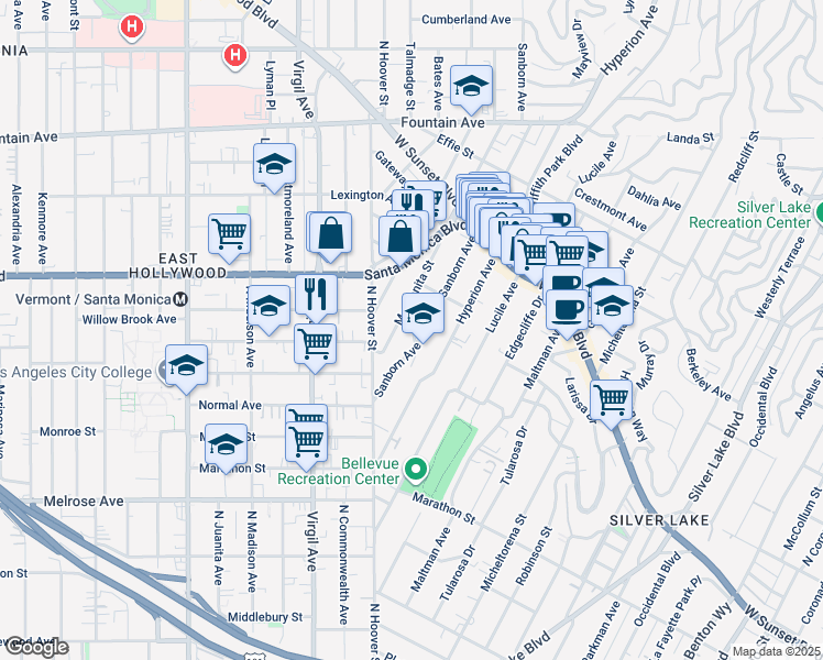 map of restaurants, bars, coffee shops, grocery stores, and more near 940 Venango Avenue in Los Angeles