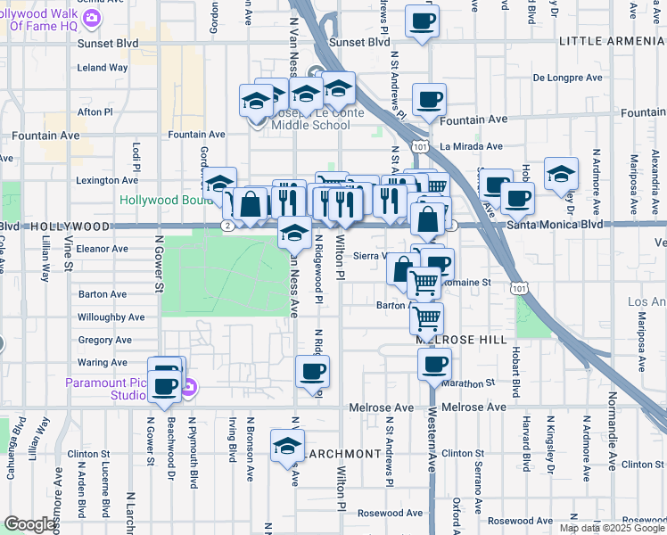 map of restaurants, bars, coffee shops, grocery stores, and more near 1023 North Wilton Place in Los Angeles