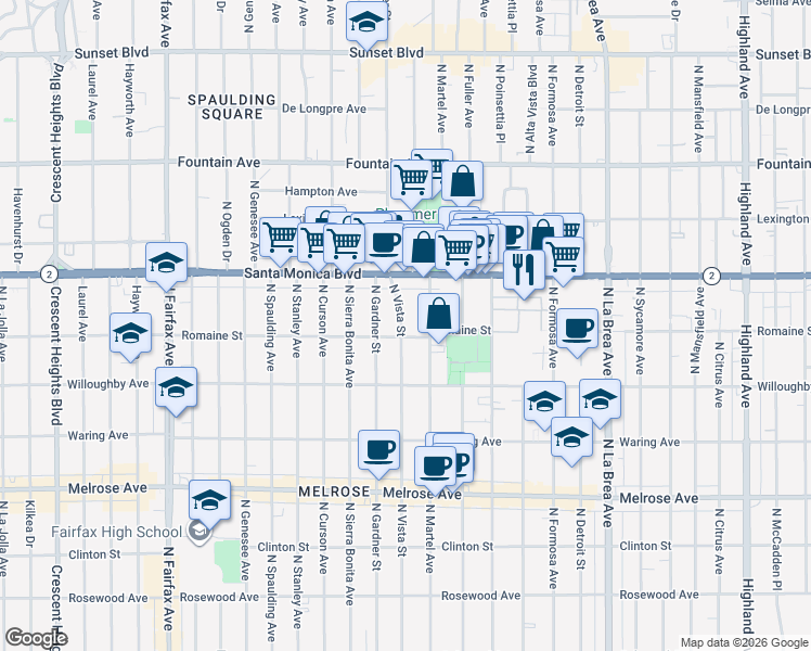 map of restaurants, bars, coffee shops, grocery stores, and more near 1009 North Martel Avenue in West Hollywood