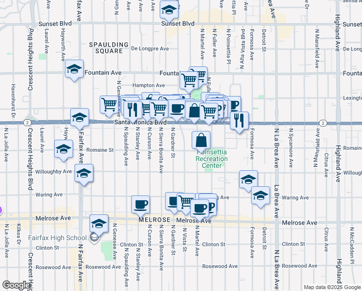 map of restaurants, bars, coffee shops, grocery stores, and more near in West Hollywood