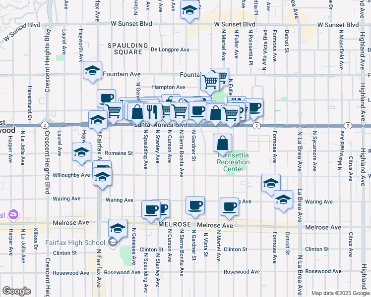 map of restaurants, bars, coffee shops, grocery stores, and more near 1007 North Sierra Bonita Avenue in West Hollywood