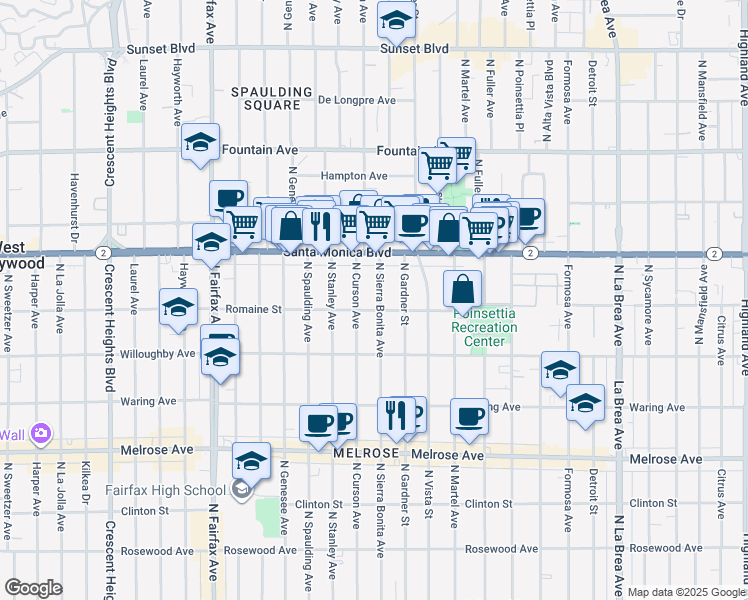 map of restaurants, bars, coffee shops, grocery stores, and more near 1007 North Sierra Bonita Avenue in West Hollywood