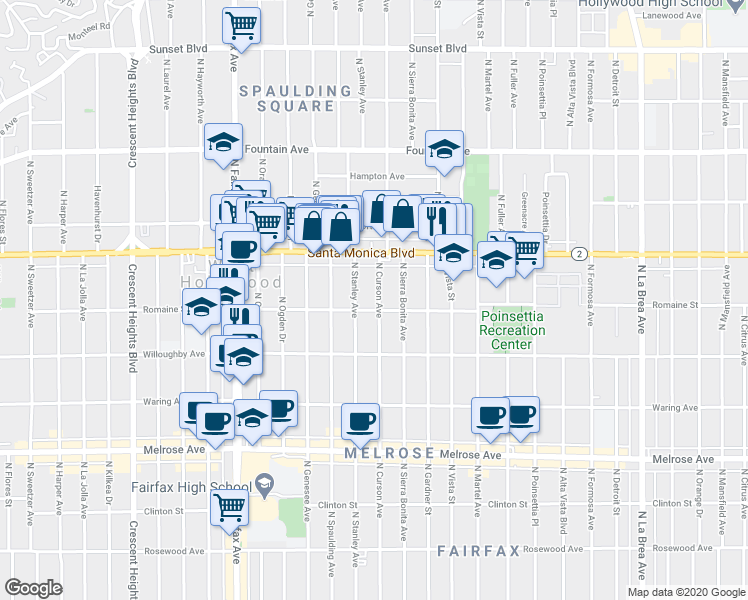 map of restaurants, bars, coffee shops, grocery stores, and more near 1008 North Stanley Avenue in West Hollywood