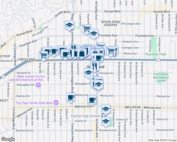 map of restaurants, bars, coffee shops, grocery stores, and more near 1000 North Edinburgh Avenue in West Hollywood
