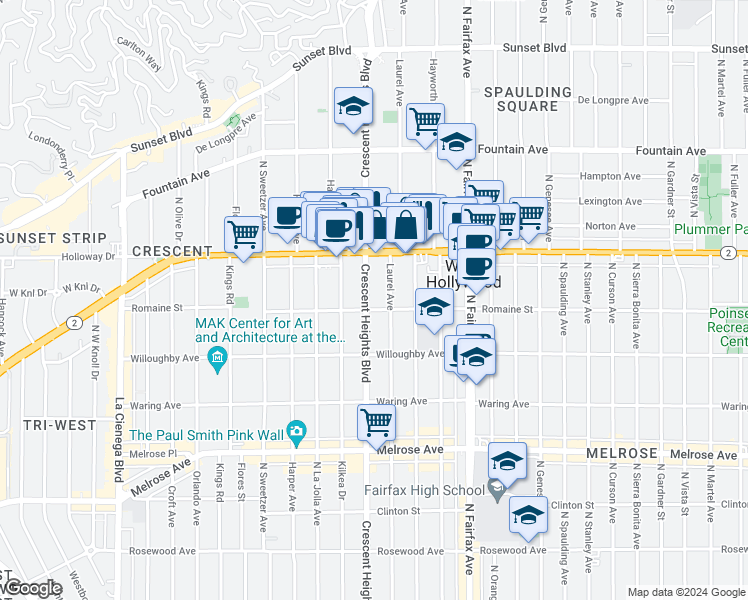 map of restaurants, bars, coffee shops, grocery stores, and more near 1009 North Laurel Avenue in West Hollywood
