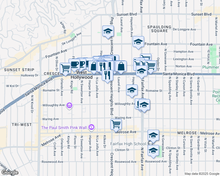 map of restaurants, bars, coffee shops, grocery stores, and more near 1006 Havenhurst Drive in West Hollywood