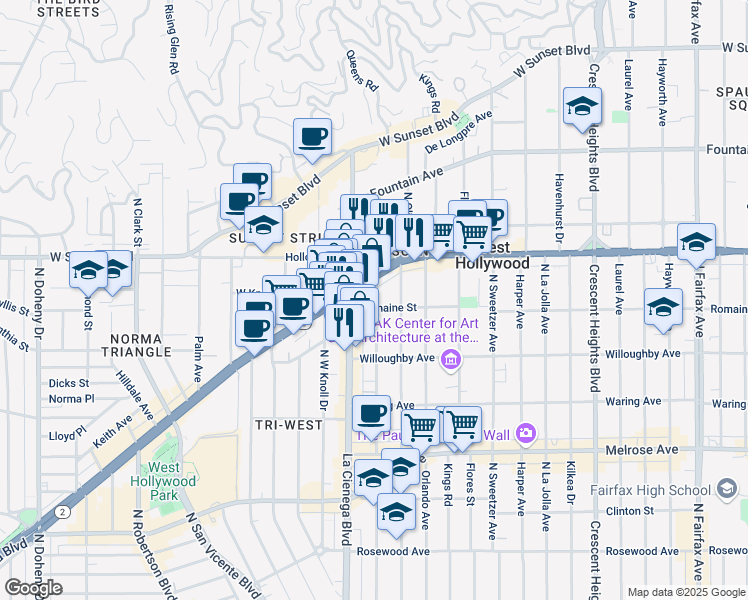 map of restaurants, bars, coffee shops, grocery stores, and more near 1007 North Alfred Street in West Hollywood