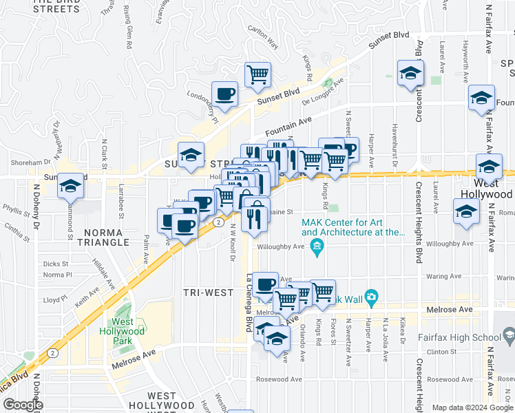 map of restaurants, bars, coffee shops, grocery stores, and more near 1007 North Alfred Street in West Hollywood