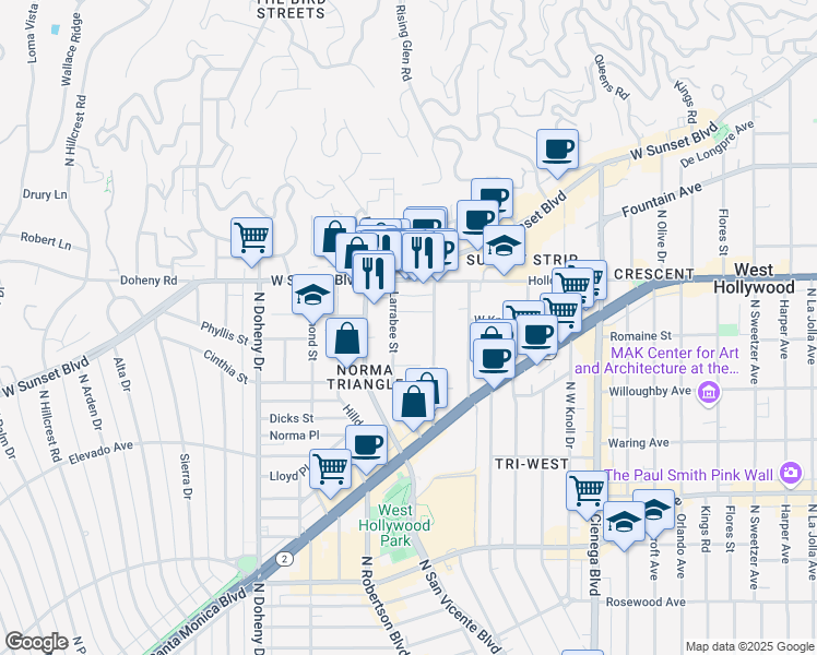 map of restaurants, bars, coffee shops, grocery stores, and more near 965 Larrabee Street in West Hollywood