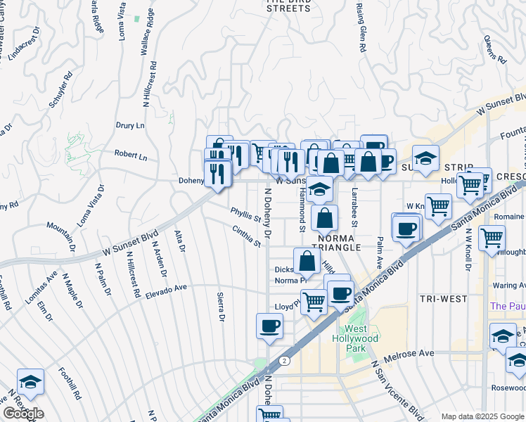 map of restaurants, bars, coffee shops, grocery stores, and more near in West Hollywood
