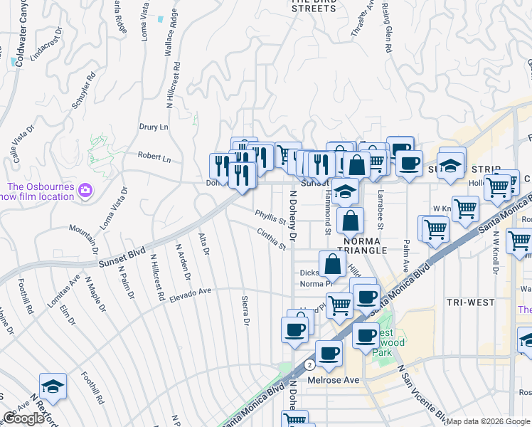 map of restaurants, bars, coffee shops, grocery stores, and more near 9171 Phyllis Street in West Hollywood