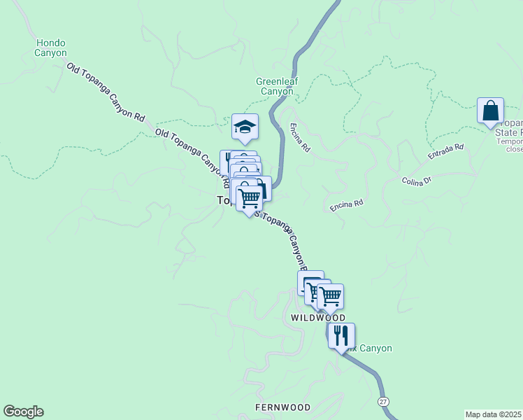 map of restaurants, bars, coffee shops, grocery stores, and more near 106 South Topanga Canyon Boulevard in Topanga