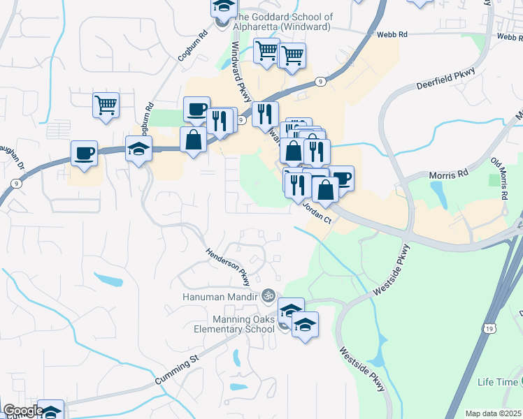 map of restaurants, bars, coffee shops, grocery stores, and more near 2821 Ashleigh Lane in Alpharetta