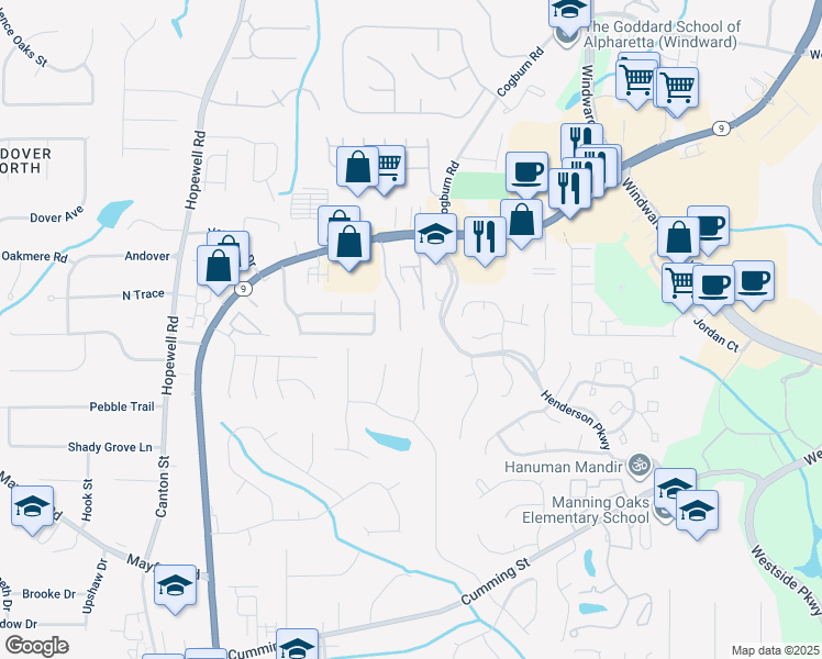 map of restaurants, bars, coffee shops, grocery stores, and more near 211 Water Oak Place in Alpharetta