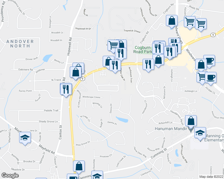 map of restaurants, bars, coffee shops, grocery stores, and more near 1150 Winthrope Chase Drive in Alpharetta